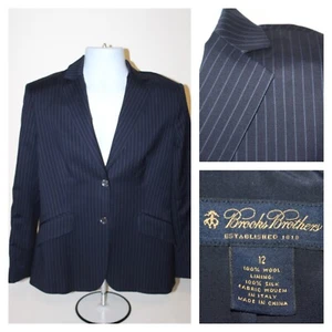 Brooks Brothers Wool Classic Navy Pinstriped Silk Lined Blazer Jacket Size 12 - Picture 1 of 9