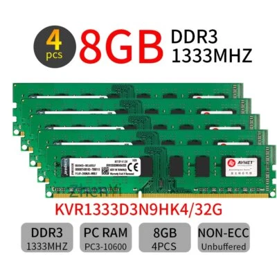 Kingston 32GB Kit 4x 8GB DDR3 1333MHz PC3-10600U DIMM Desktop Memory SDRAM Green - Image 1 of 4