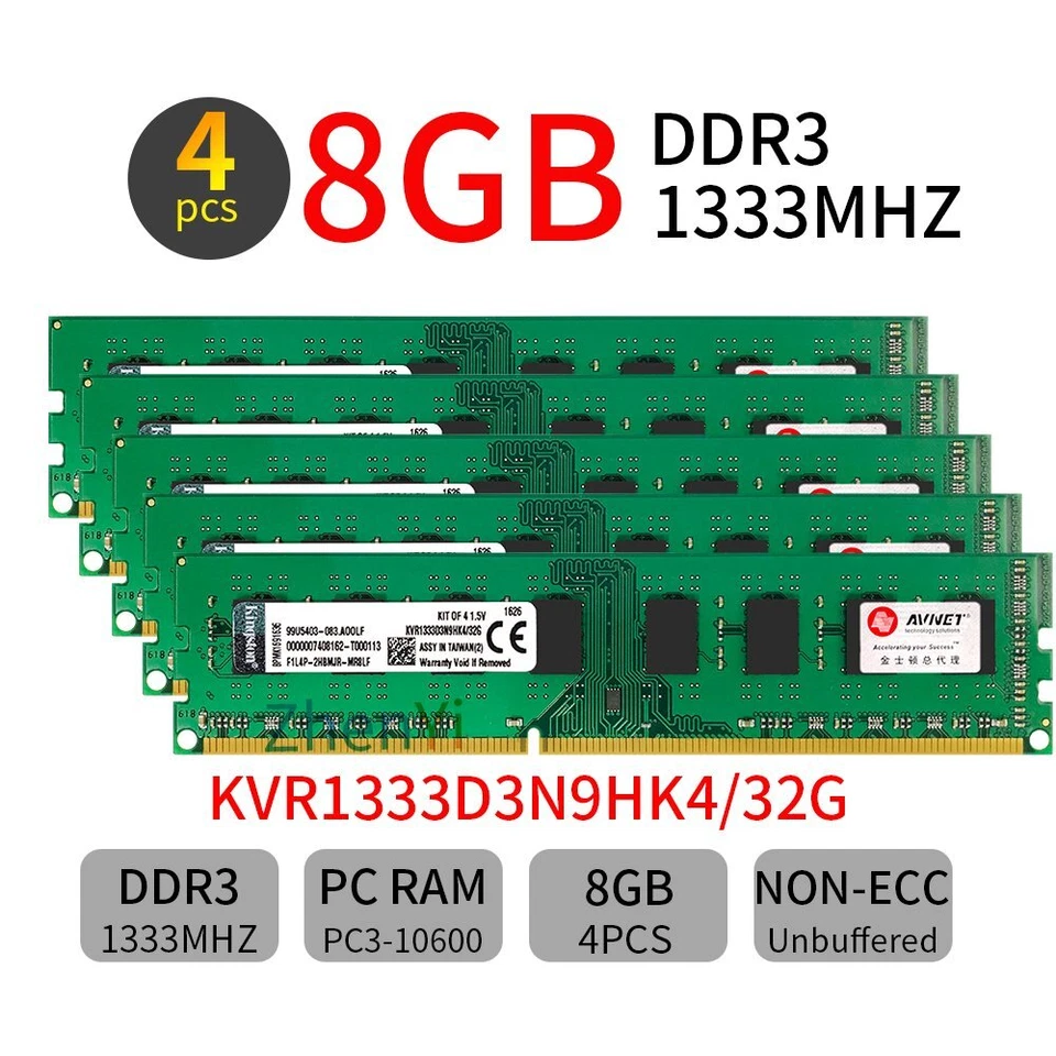 Kingston 32GB Kit 4x 8GB DDR3 1333MHz PC3-10600U DIMM Desktop Memory SDRAM Green - Image 1 of 4