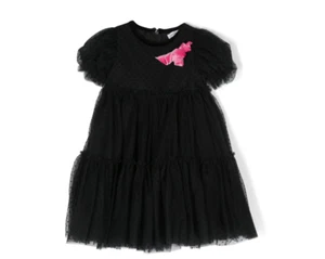 Monnalisa rose appliqué tulle dress velvet polka dots black Girls Size L - Picture 1 of 2