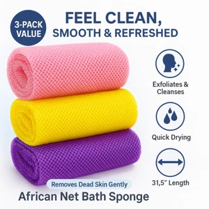 Exfoliating African Net Bath Sponge 3 Pack Long Body Back Scrubber Shower Cloth - Picture 1 of 7