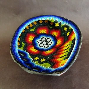 Huichol Beaded Prayer Bowl Sea Shell One Side Polished Handmade Mexican Folk Art - Picture 1 of 23