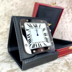 Authentic Cartier Santos Travel Clock Black Leather & Palladium with Case