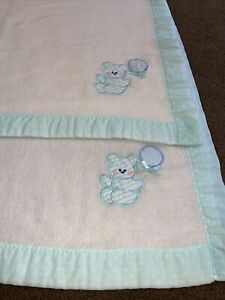 TWO Cuddle Time Vintage Baby Blanket Bear With Blue Balloon White With Teal Trim
