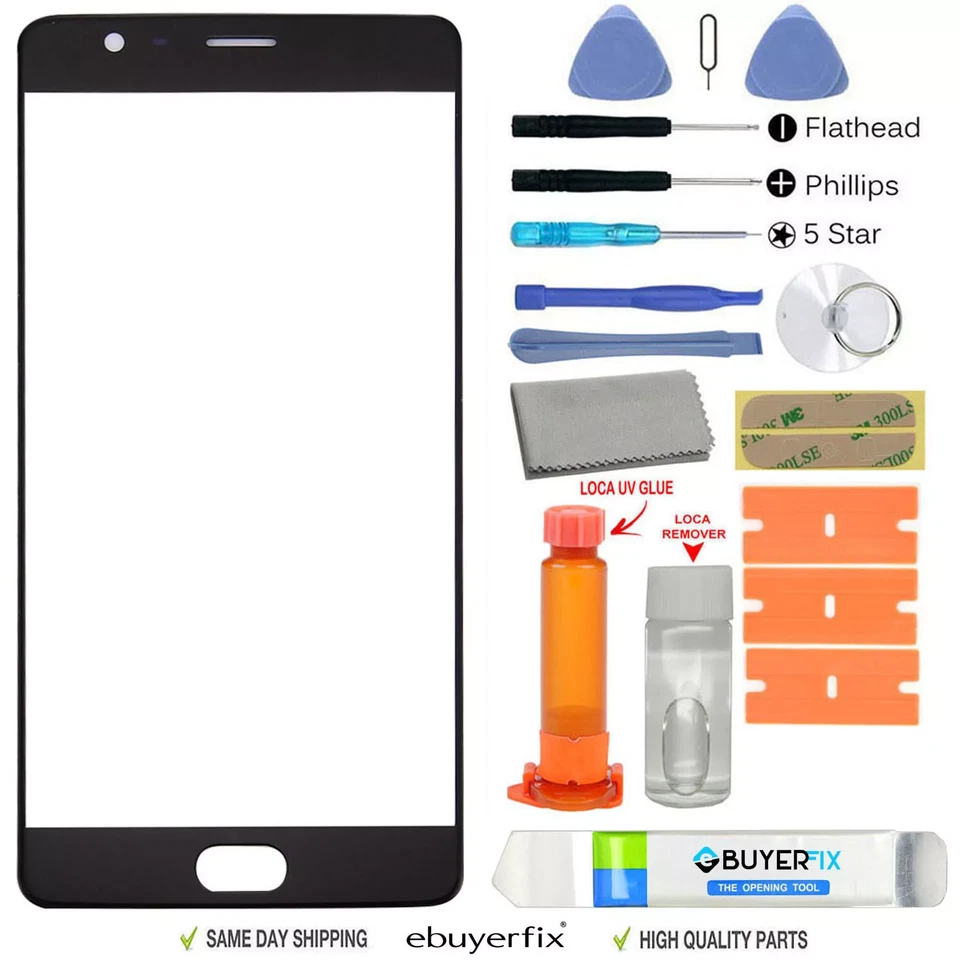 ebuyerfix? Front Black Glass Screen Replacement Repair Kit for OnePlus 3 UV Glue - Image 1 of 4