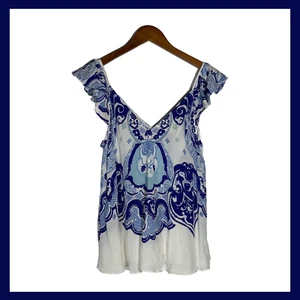 Anthropologie Maeve Blue White Swing Tank Blouse Top US 6 Ruffle Boho Chic - Picture 1 of 10