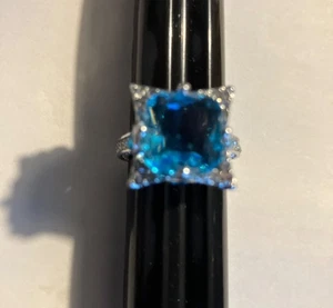 Sparkling Blue Topaz & CZ Silver Ring Sz 7 - Picture 1 of 5