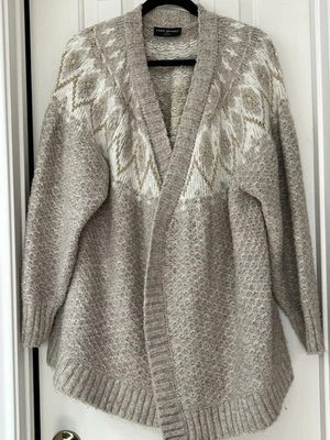 Lane Bryant Lurex Open-Front Fair Isle Cardigan in beige and gold. - Image 1 of 4
