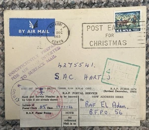 Kenya Postal Stamp Cover Nairobi R.A.F Label And Cancellations And Diversions - Picture 1 of 2