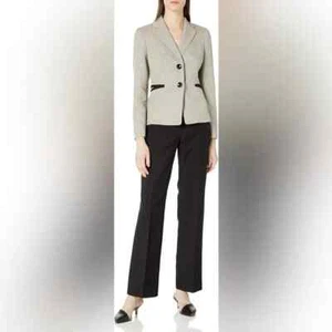 Le Suit Women's Tweed 2 Button Notch Lapel Pant Suit, Khaki/Black, 16 - Picture 1 of 4