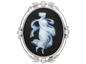 Hardstone and 0.78Ct Diamond, 18k Yellow Gold Black Cameo Brooch Circa 1880 - Picture 1 of 11
