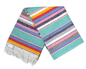 Mexican Blanket Striped Mint Multi-color 100% COTTON Serape XL Large Saltillo - Picture 1 of 4