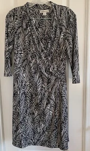Coldwater Creek Black White Leafy Pattern Faux Wrap Jersey Dress P8 3/4 Sleeves - Picture 1 of 7
