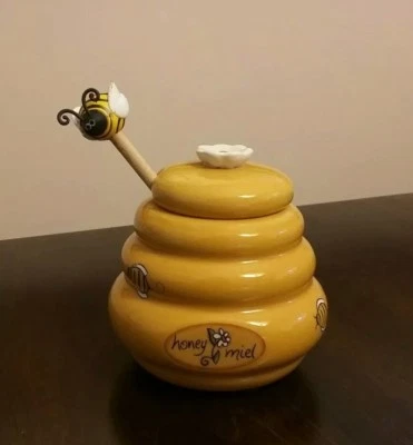 OLLA DE MIEL DE COLMENA Tarro de cerámica con carrete de madera Cazo de abejorros Foto 1 de 4