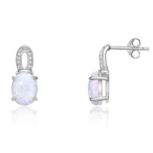 Sterling Silver Earrings Oval Created Opal - Picture 1 of 8