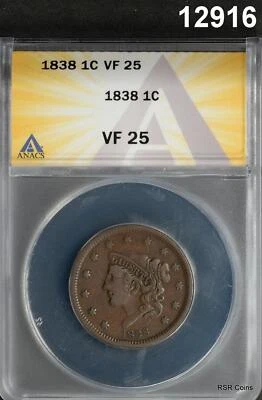1838 LARGE CENT ANACS CERTIFIED VF25 NICE COLOR! #12916 - Image 1 of 3