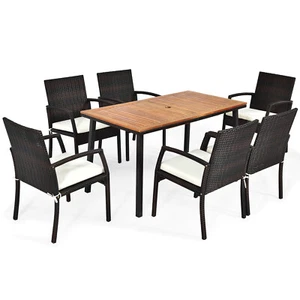 Patiojoy 7PCS Patio Rattan Furniture Dining Set Wooden Table Cushioned Chair - Picture 1 of 8