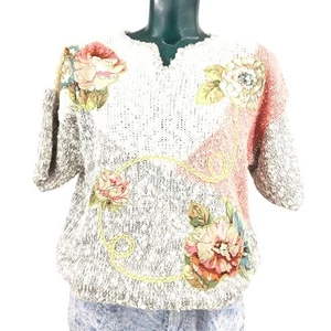 Suéter Tejido Vintage Floral Patchwork Top Grandmacore Cottagecore Cuello en V L 1167 - Imagen 1 de 6