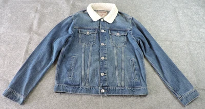 True Religion Mens Large Sherpa Collar Denim Button Trucker Jacket Blizzard Wash - Imagem 1 de 4
