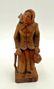 Vtg Jobin Brienz Switzerland Hand Carved Wood Old Woman Cat on Shoulder 5" - Picture 1 of 7