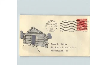 VALLEY FORGE, 1928, pic Log Cabin on FDC, Hand Painted on Adam Bert small env., - Picture 1 of 1