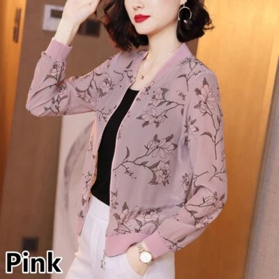 Chiffon Coat Cropped Floral Jacket Cardigan Bomber Blazer Top Thin Retro Vintage - Image 1 of 4