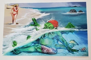 cthulhu at the beach swimming bikini fishing art print - Picture 1 of 12