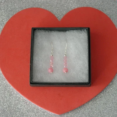 Bella Orecchini Con Quarzo Rosa E Cristal 1.7 Gr.2.9 Cm. Lungo +925 Ganci - Immagine 1 di 4