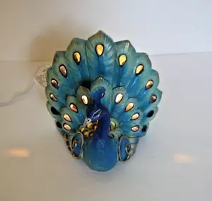 Ceramic Peacock Accent Lamp Blues Greens Gold Accents 7" Tall - Picture 1 of 8