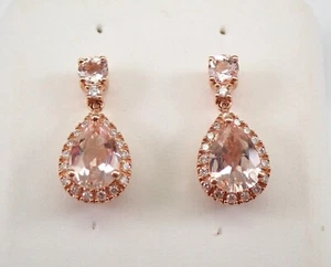 Rose Gold Morganite and Diamond Halo Drop Petite Earrings Gemstone - Picture 1 of 5