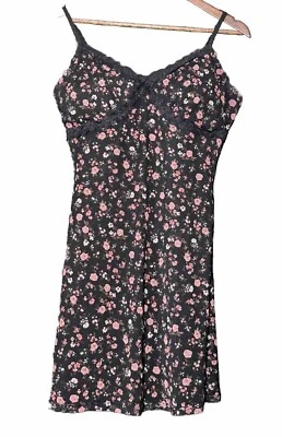 Y2K Coquette Whimsigoth Fairy Dress L Juniors Mesh Babydoll Black Floral Lace - Image 1 of 4