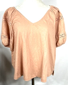 Lane Bryant Lace Trim Knit Top Women's Sz 18/20 Short Sleeve Peach Cotton Blend - Picture 1 of 7