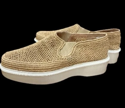 Robert Clergerie 女式棕褐色天然编织拉菲亚懒人平底乐福鞋 38 码 — 第 1/4 张图片