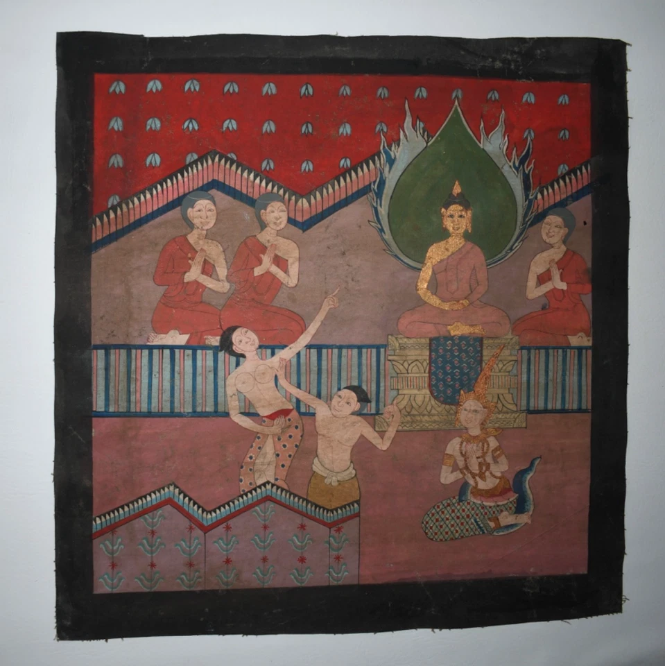 Pintura budista antigua original de finales del siglo XIX sobre lienzo de algodón de Tailandia Foto 1 de 4