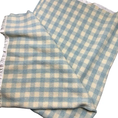 复古羊毛婴儿蓝色和奶油色方格毯 58 x 70 — 第 1/4 张图片