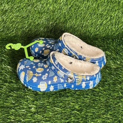 Talla C6 - Niños Crocs Clásicos Forrados Hanukkah Zuecos Azul Zapatos sin Cordones 209328-90H Foto 1 de 4
