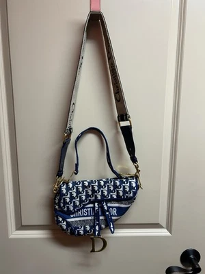 Christian Dior Saddle Oblique Jacquard Bag Shoulder / Handle Purse Navy & White - Image 1 of 4