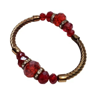 Vintage Rubinrote Glasperlen, Rondelle Silber Platte Metall Twist Stretch Armband 3" - Bild 1 von 3