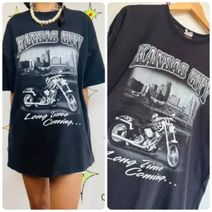 Vintage 90s Kansas City Tee | Black Biker Grunge Graphic T-Shirt XL - Bild 1 von 9