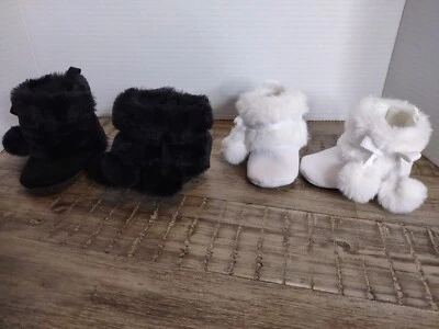 Baby Boots Stepping Stones 2 pair Black White 0-3- & 6-9 Fur Soft - Image 1 of 4