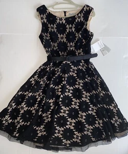 New Eliza J Dress sz 6 Lace Fit & Flare Lace Black Womens NWT Pockets Belt - Picture 1 of 14