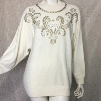 Vtg Alfred Dunner Embroidered Sweater Cottage Core Log Cabin Xmas Holiday Large - Image 1 of 4