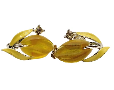 Yellow Flower Thermoset and Enamel Silver Tone Screwback Earrings STAR 1960s - Image 1 of 4