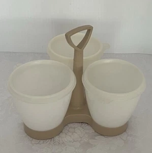 Set caddy condimenti vintage TUPPERWARE • Beige con 3 ciotole e coperchi trasparenti - Foto 1 di 3