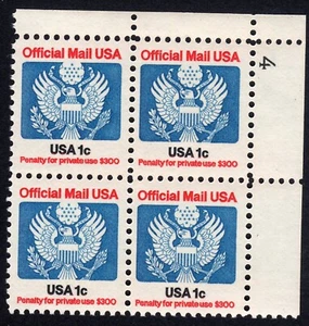 Scott #O127 Official Mail Plate Block of 4 Stamps - MNH P#4 - Picture 1 of 2