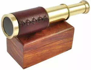 ANTIQUE LEATHER OR PLAIN BOUND BRASS TELESCOPE 6" WITH CAP AND WOODEN GIFT BOX.* - Picture 1 of 4