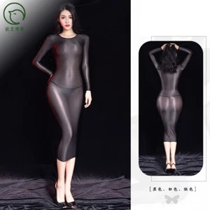 Womens Long Sleeve Shiny Glossy Sheer Bodycon Dress Mini Dress Clubwear Party - Picture 1 of 23