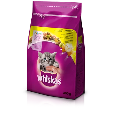 Comida para gatos WHISKAS JUNIOR hasta 1 año golosina con pollo 300 g 10,6 oz Foto 1 de 4