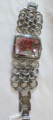 Ed Hardy Hearts Birds Dial Silver Tone Case Chain Link Style Band Watch 7 Inch - Image 1 of 4