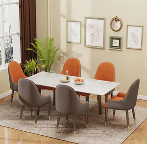 Top-class Dining Set Dinner Table and Leather Chairs Marble Top for 6-8 People  - Picture 1 of 30